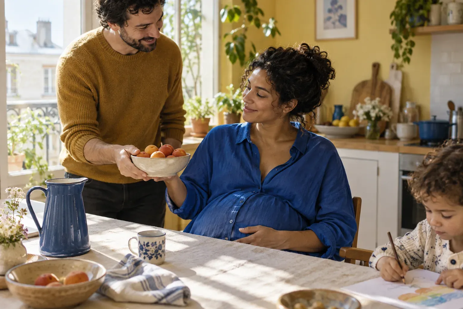 Une famille partage un moment en cuisine pendant la grossesse